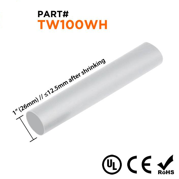 TW100WH - 1" Thin Wall Heat Shrink Tubing, 2:1 Shrink Ratio, White, Spool of 100ft