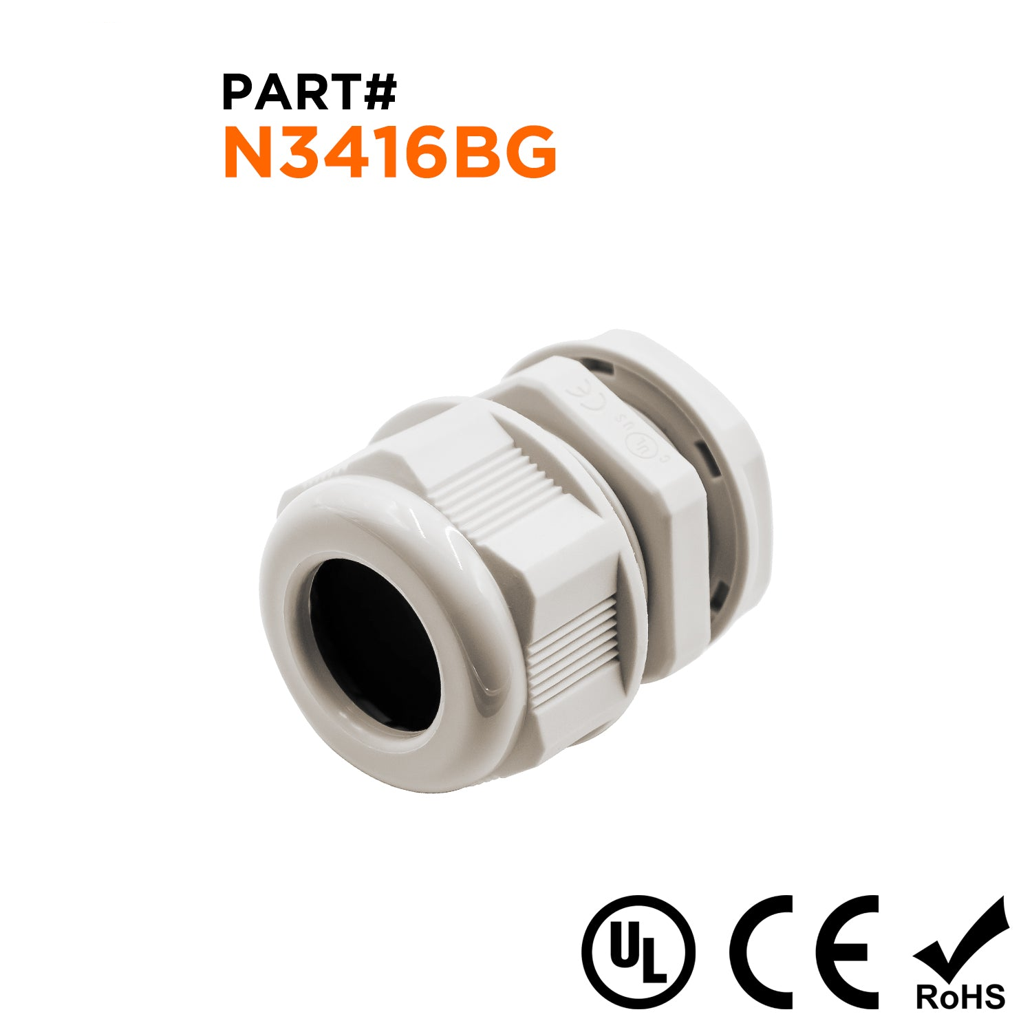 N3416BG - 3/4" NPT Thread Nylon Cable Gland, Beige, Range: 3/8" to 5/8", UL Listed, IP68, IP69K - 1 Piece
