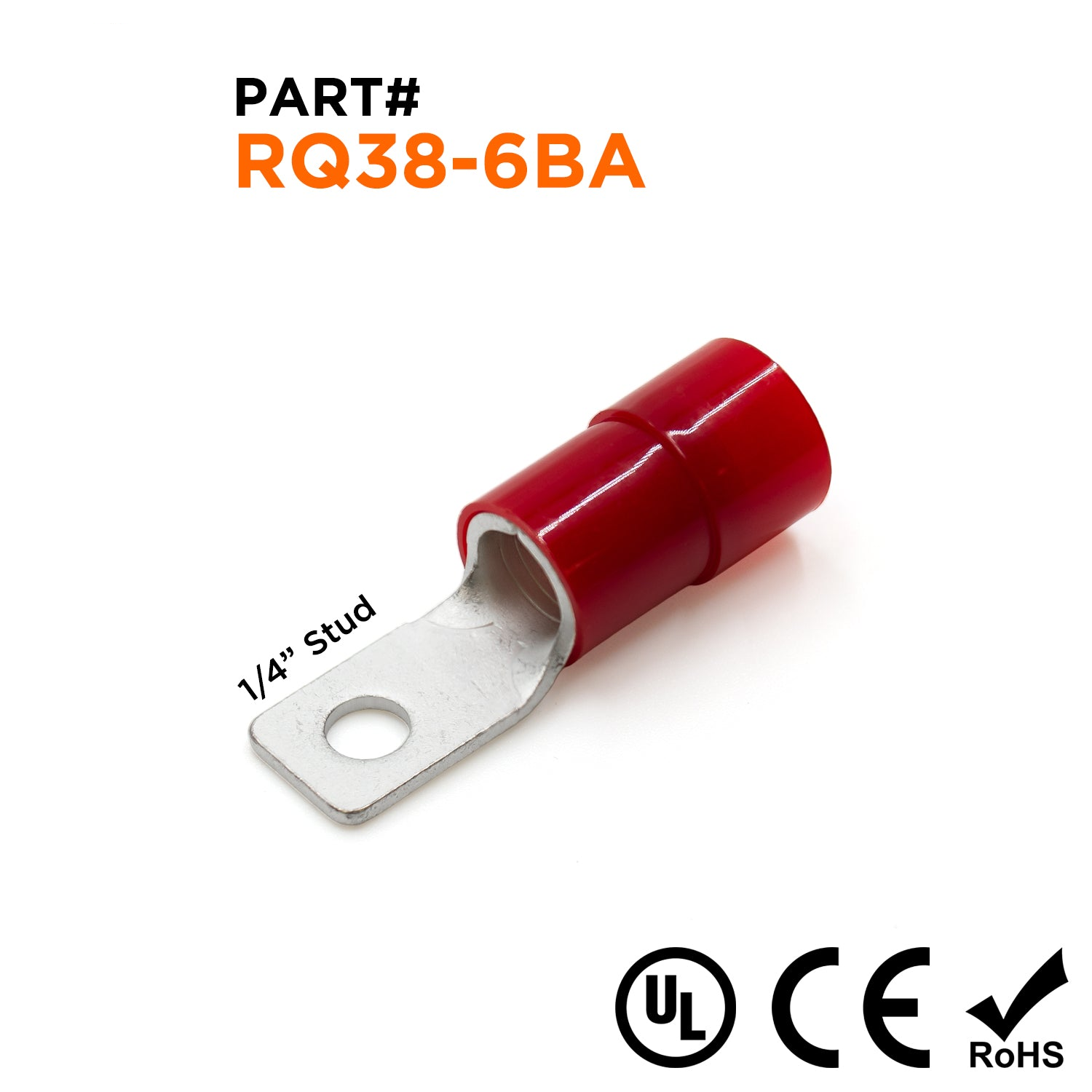 RQ38-6BA - 2 AWG Con aislamiento de nailon Cuadrado Terminales de anillo, 1/4" Orificio, 25 piezas