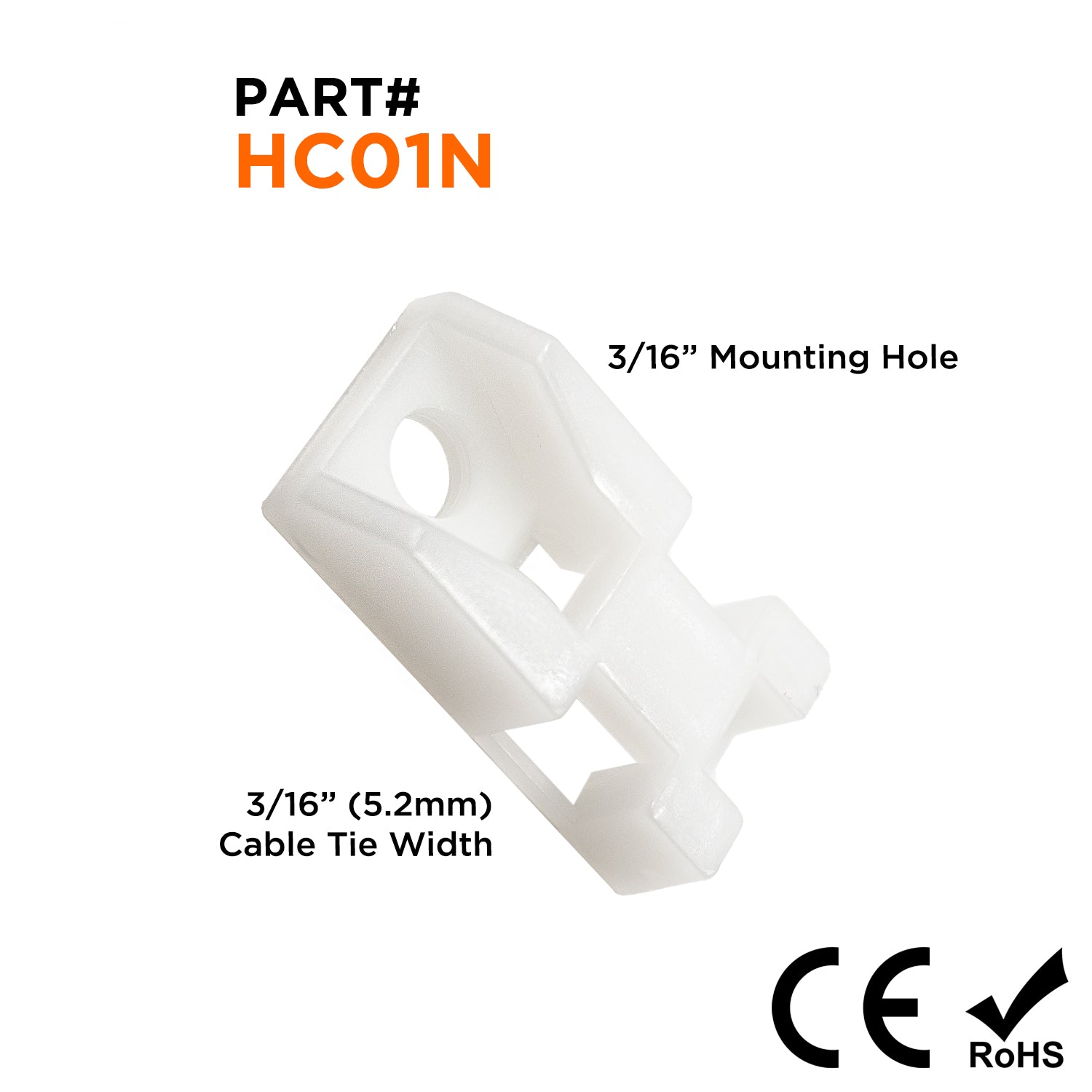 HC01N - 15/16"L x 1/2"W Nylon Saddle Tie Mounts: Tie Width: 3/16", Screw Width: 3/16", Natural, 100 Pieces