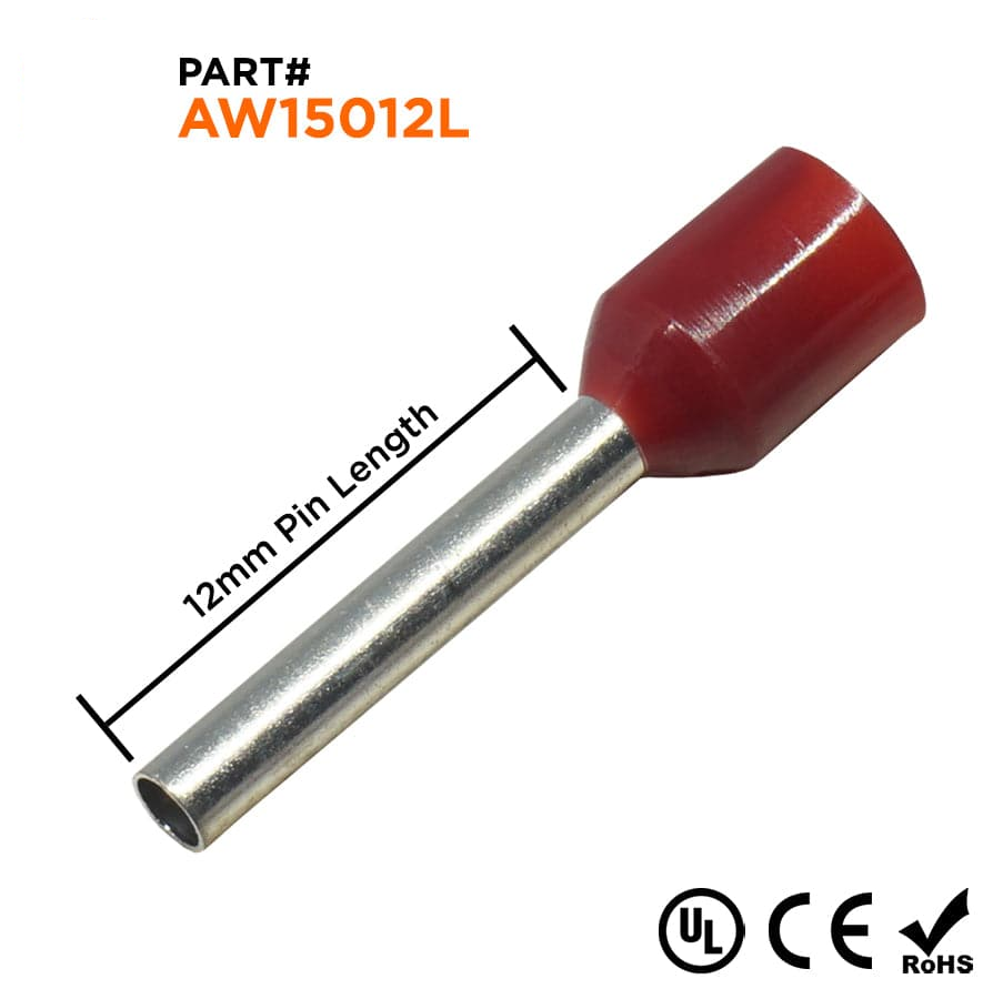 AW15012L - 16 AWG Insulated Punteras, 12mm Pin, Rojo, Ancho Collar, 500 piezas