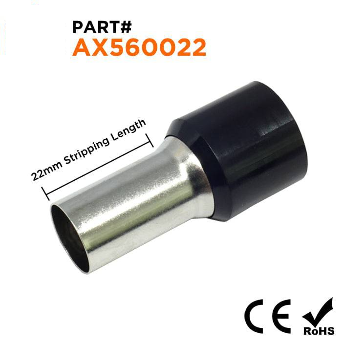 AX560022 - 0 & 1/0 AWG Single Insulated Punteras, 22mm Pin, Negro, 25 piezas