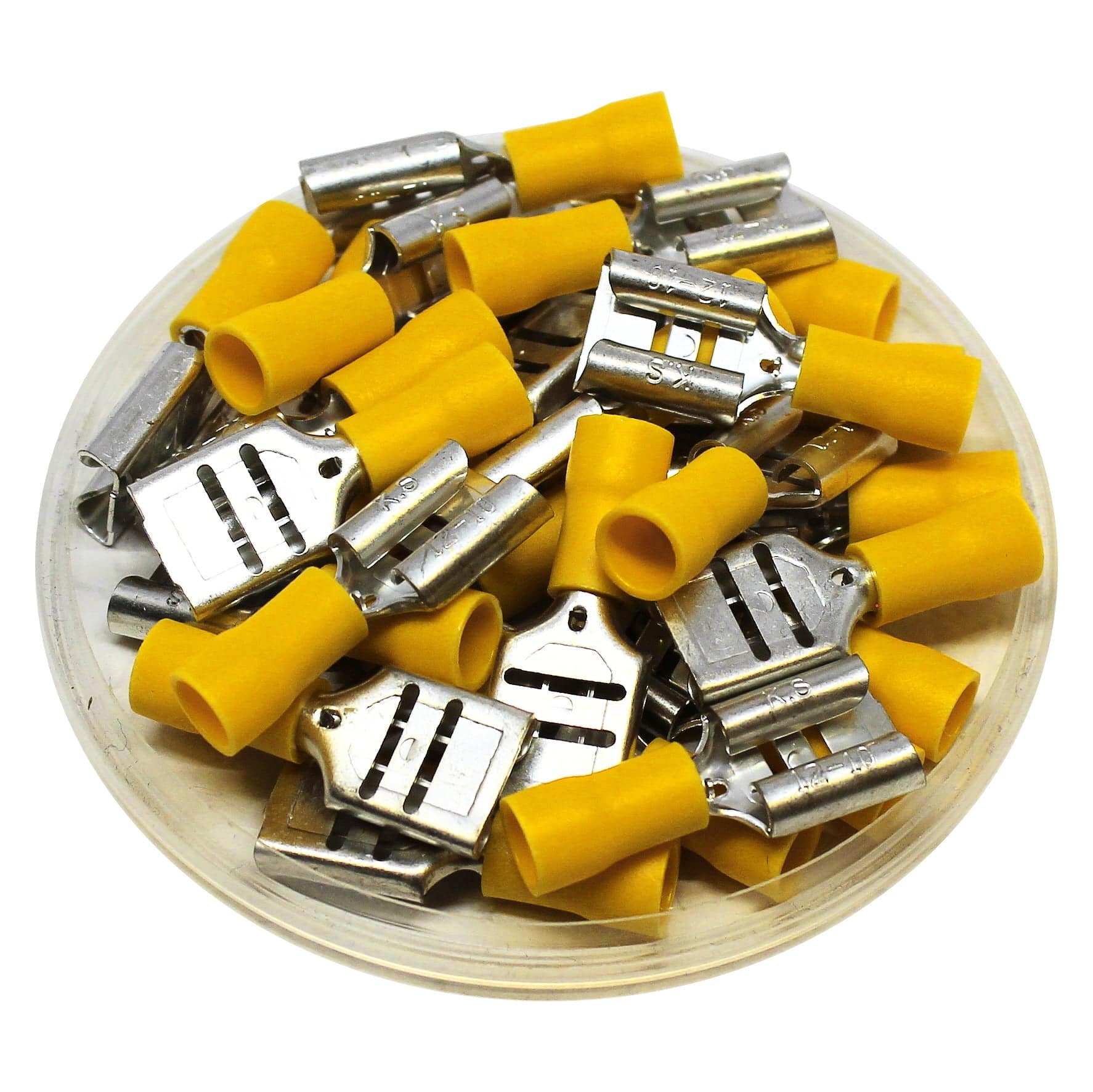 FDD5-375 - 12 to 10 AWG Vinyl PVC Insulated Quick Disconnects, Female, Double Crimp, 100 Pieces