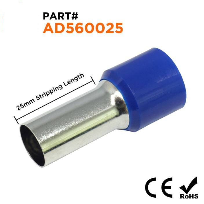 AD560025 - 0 & 1/0 AWG Single Insulated Wire Ferrules, 25mm Pin, Blue, 25 Pieces
