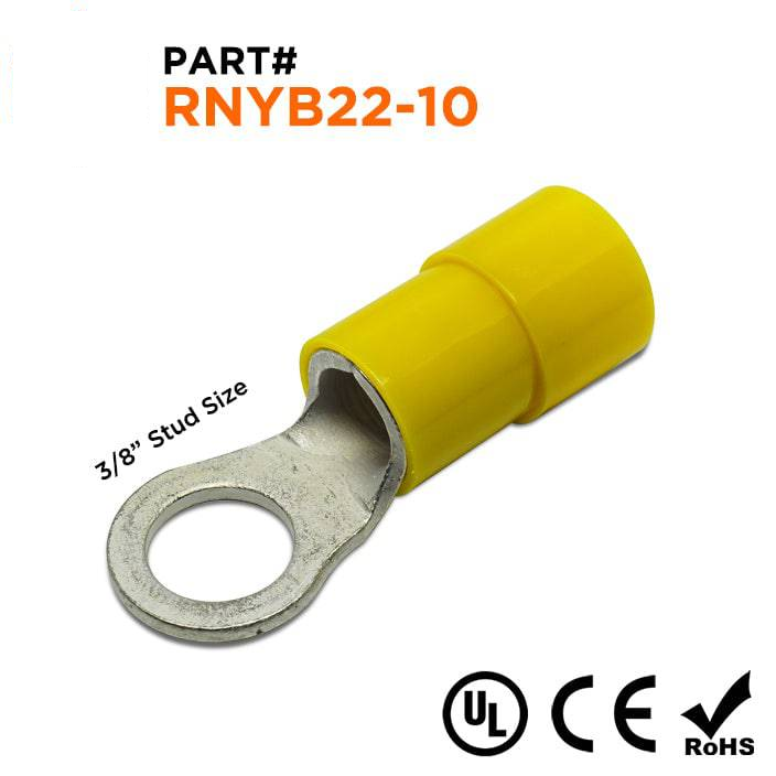 RNYB22-10 - 4 AWG Nylon Insulated Ring Terminals, 3/8" Stud, 10 Pieces