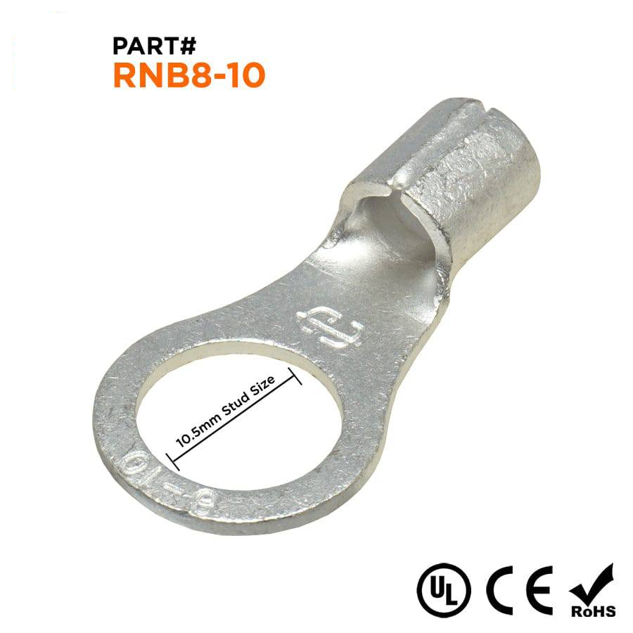 RNB8-10 - 8 AWG Sin aislamiento Terminales de anillo, 3/8" Orificio, UL Approved, 25 piezas