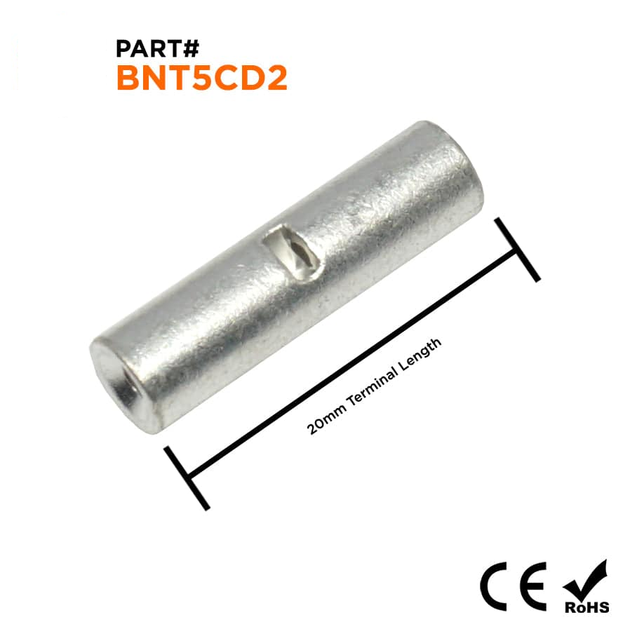 BNT5CD2 - 12 to 10 AWG down to 16 to 14 AWG Non Insulated Step Down Butt Connectors, UL Recognized, 25 Pieces