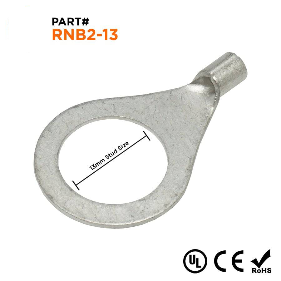 RNB2-12 - 16 a 14 AWG Sin aislamiento Terminales de anillo, 1/2" Orificio, UL Recognized, 50 piezas