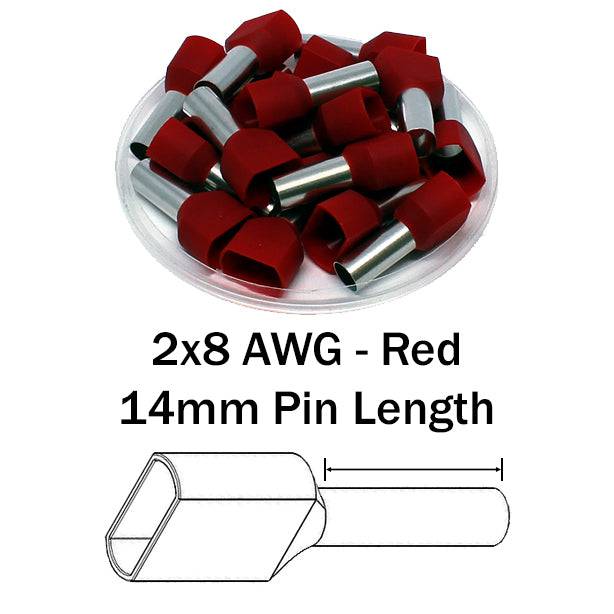 TD100014 - 8 AWG Twin Wire Ferrules, 14mm Pin, Red, 100 Pieces