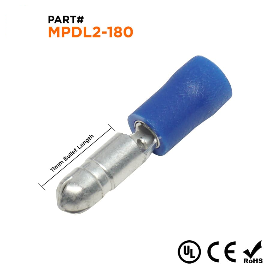 MPDL2-180 - 16 a 14 AWG Vinyl PVC Insulated Male Conectores tipo bala, Double Crimp, 100 piezas
