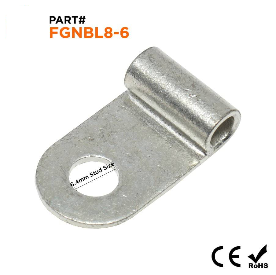 FGNBL8-6 - 8 AWG Non Insulated Flag Ring Terminals, Ring Tongue, 1/4" Stud, Long Length, 25 Pieces