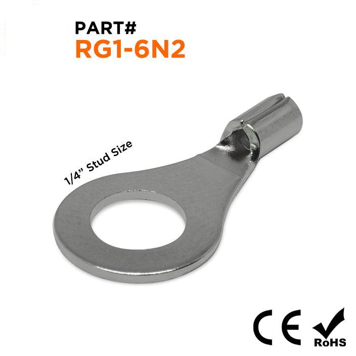 RG1-6N2 - 22 a 16 AWG De alta temperatura Terminales de anillo, 1/4" Orificio, De acero, 900°F, 100 piezas