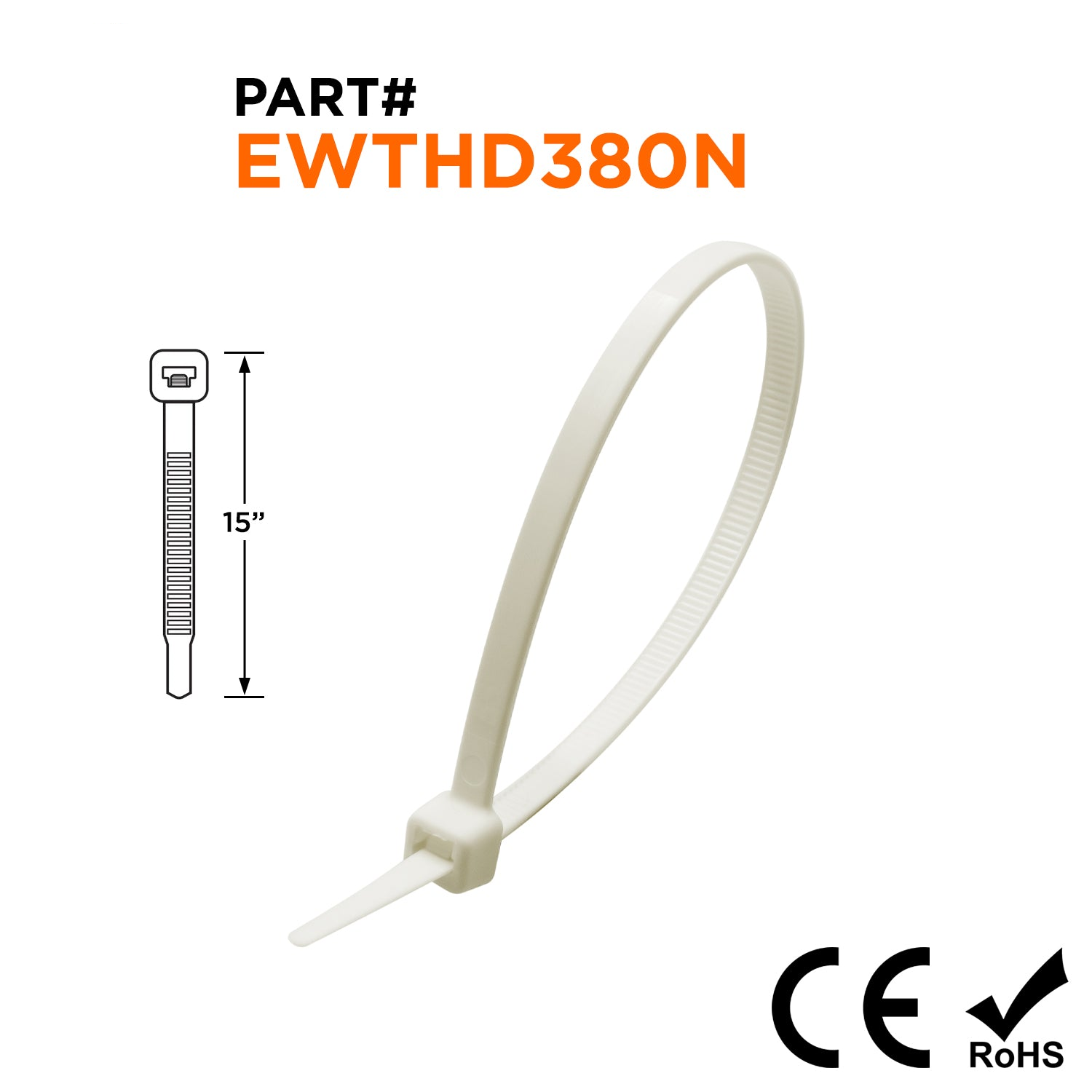 EWTHD380N - 15" Ultra Extreme Temperature Heavy Duty Cable Ties, 120-lb Tensile Strength, Natural, 100-Pack