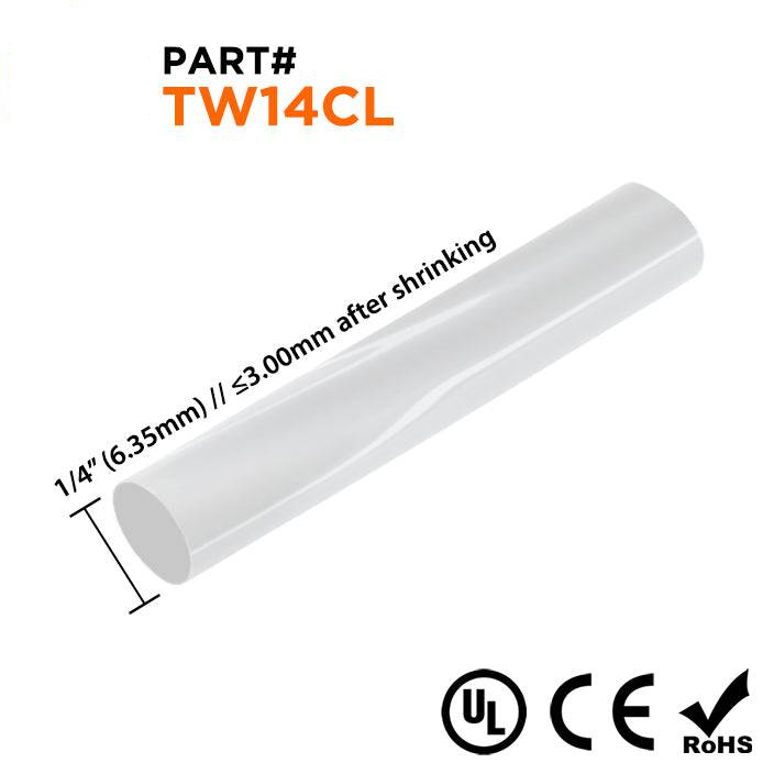 TW14CL - 1/4" Thin Wall Heat Shrink Tubing, 2:1 Shrink Ratio, Clear, Spool of 250ft