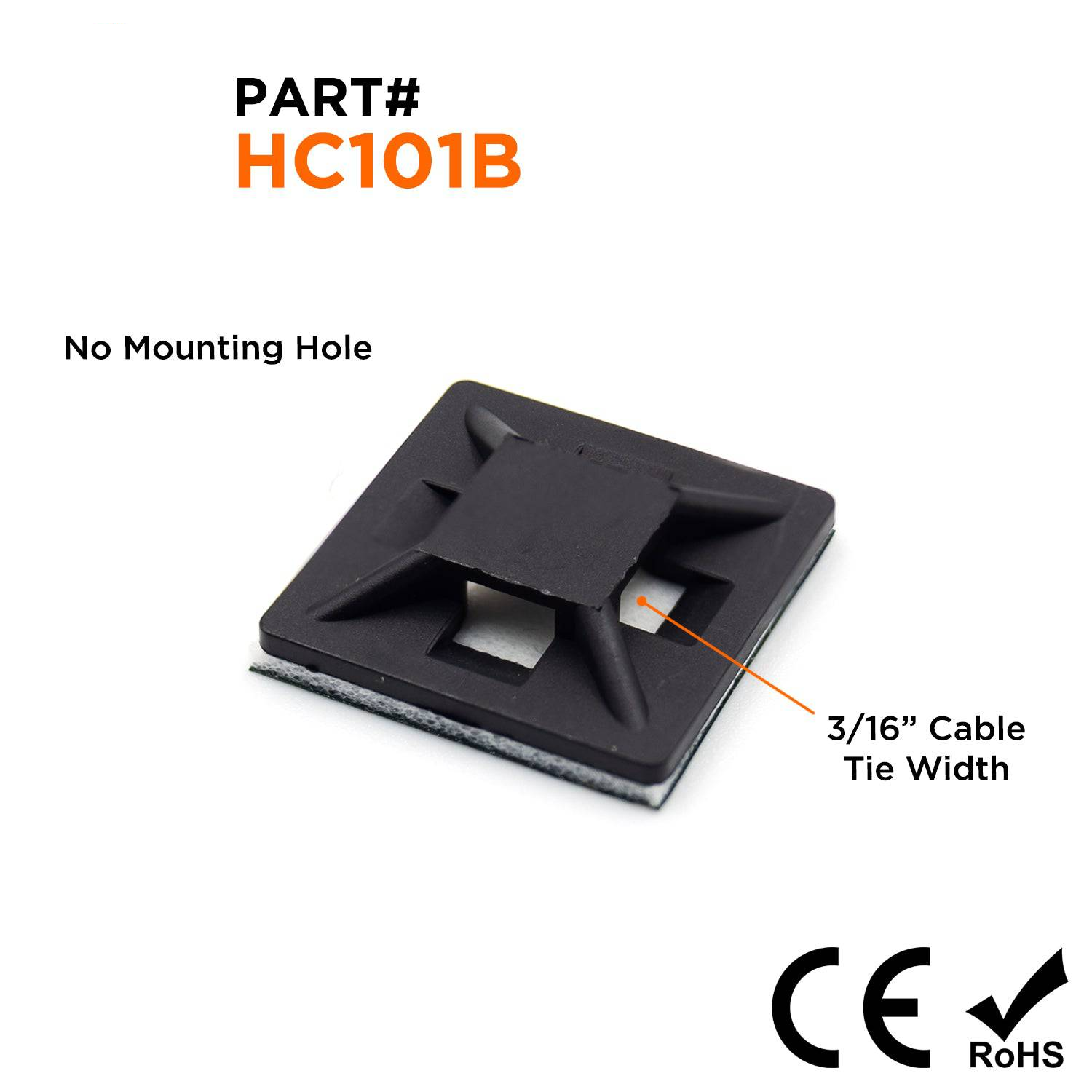 HC101B - 13/16"L x 13/16"W De nailon Self-Adhesive Tie Mounts - Cable Tie Width: 3/16", Negro, 100 piezas
