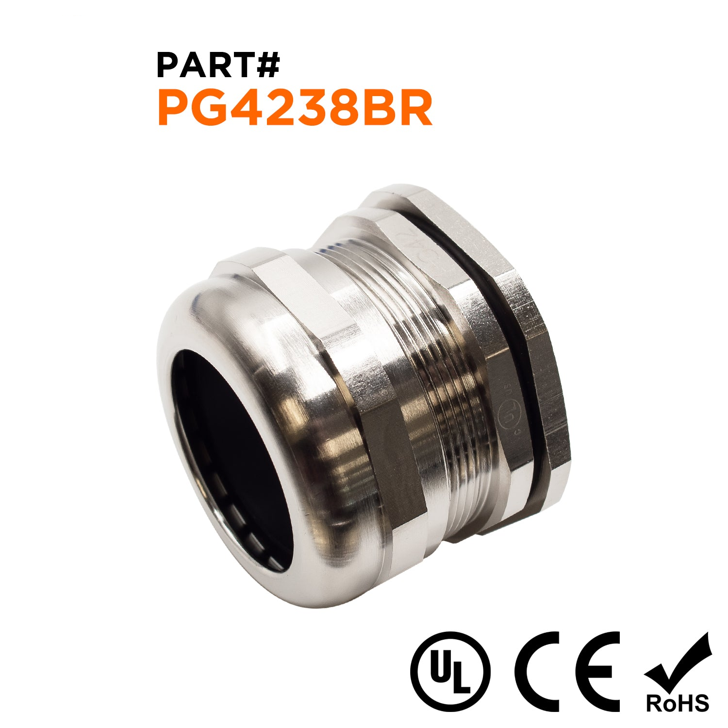 P4238BR - PG42 Thread Plated Brass Cable Gland, Range: 1-1/4" to 1-1/2", UL Listed, IP68, IP69K - 1 Piece