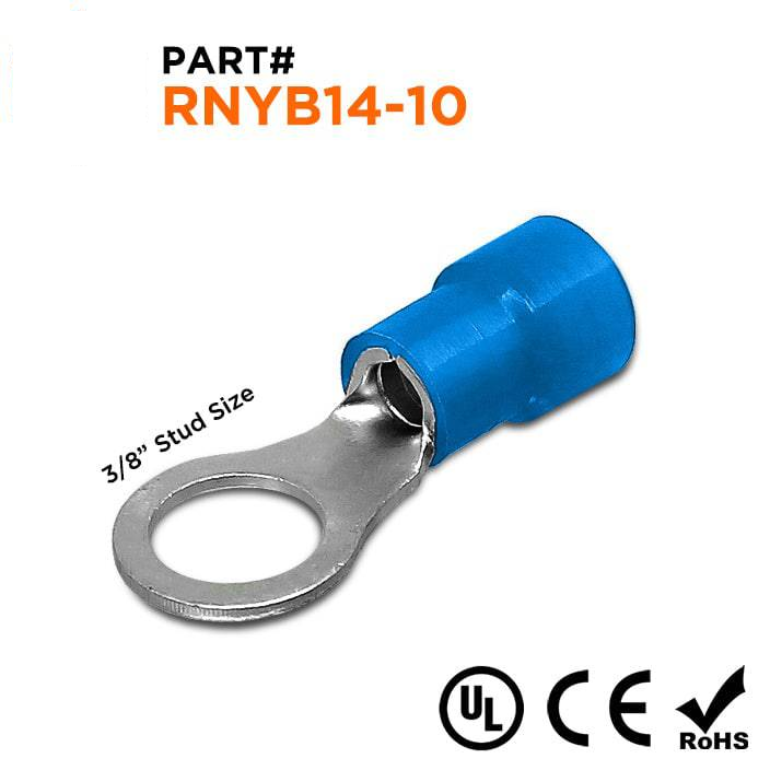 RNYB14-10 - 6 AWG Nylon Insulated Ring Terminals, 3/8" Stud, 10 Pieces