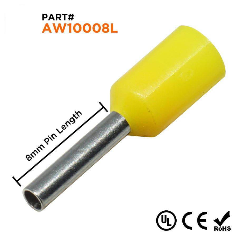 AW10008L - 18 & 17 AWG Insulated Punteras, 8mm Pin, Amarillo, Ancho Collar, UL Recognized, 500 piezas