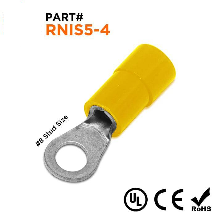 RNIS5-4 - 12 to 10 AWG Polycarbonate Ring Terminals, #8 Stud, 100 Pieces