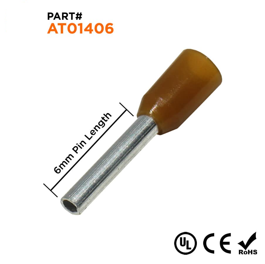 AT01406 - 26 AWG Insulated Wire Ferrules, 6mm Pin, Brown, 500 Pieces