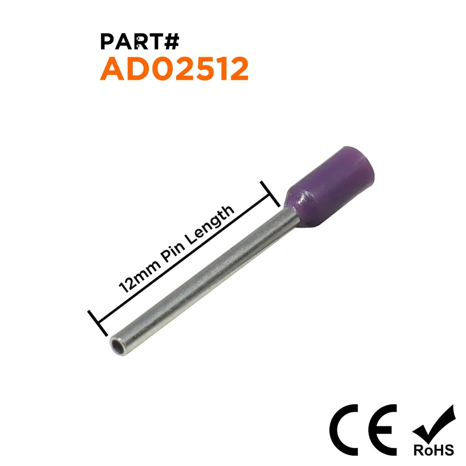 AD02512 - 24 AWG Insulated Punteras, 12mm Pin, Purple, 500 piezas