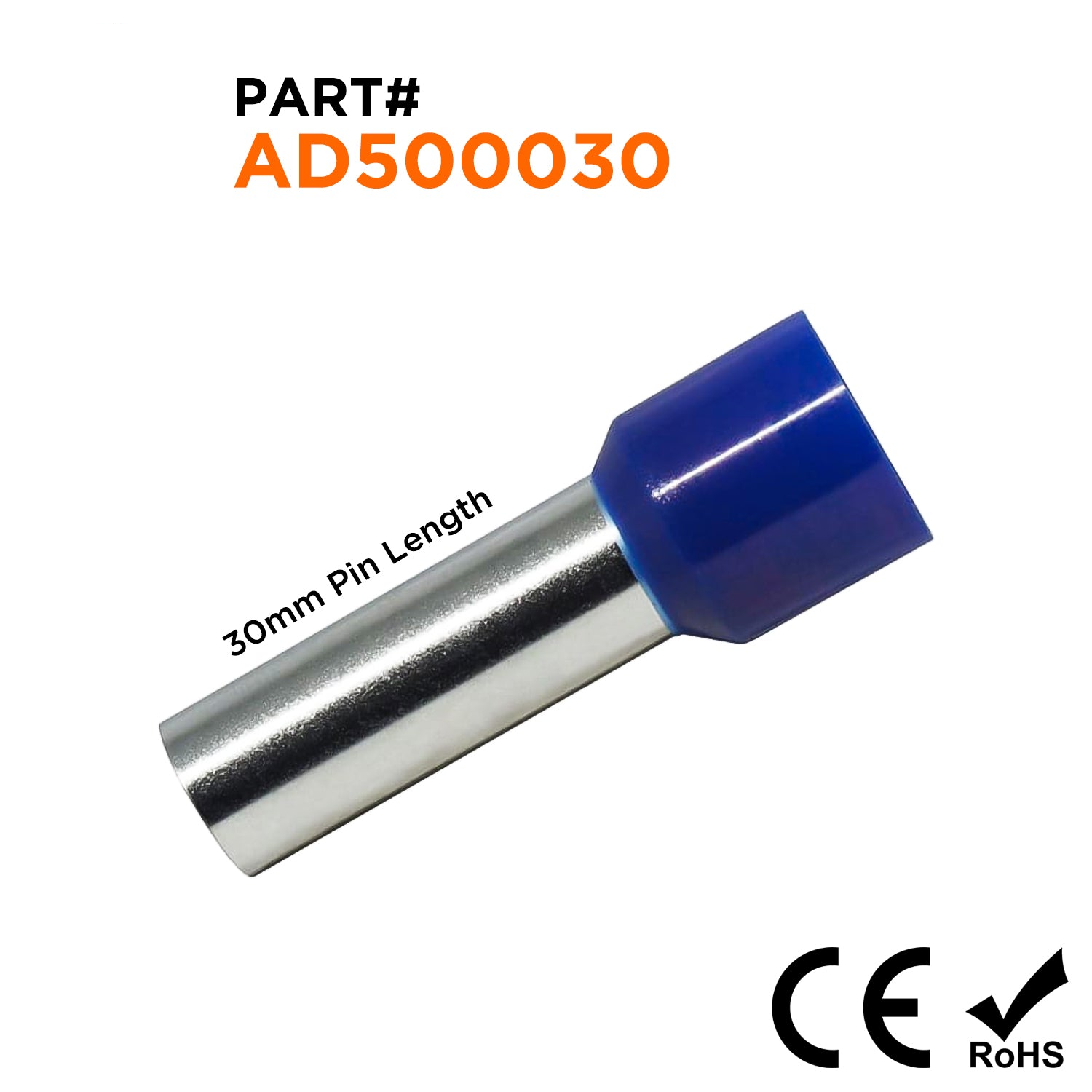 AD500030 - 1 AWG Single Insulated Punteras, 30mm Pin, Azul, 50 piezas