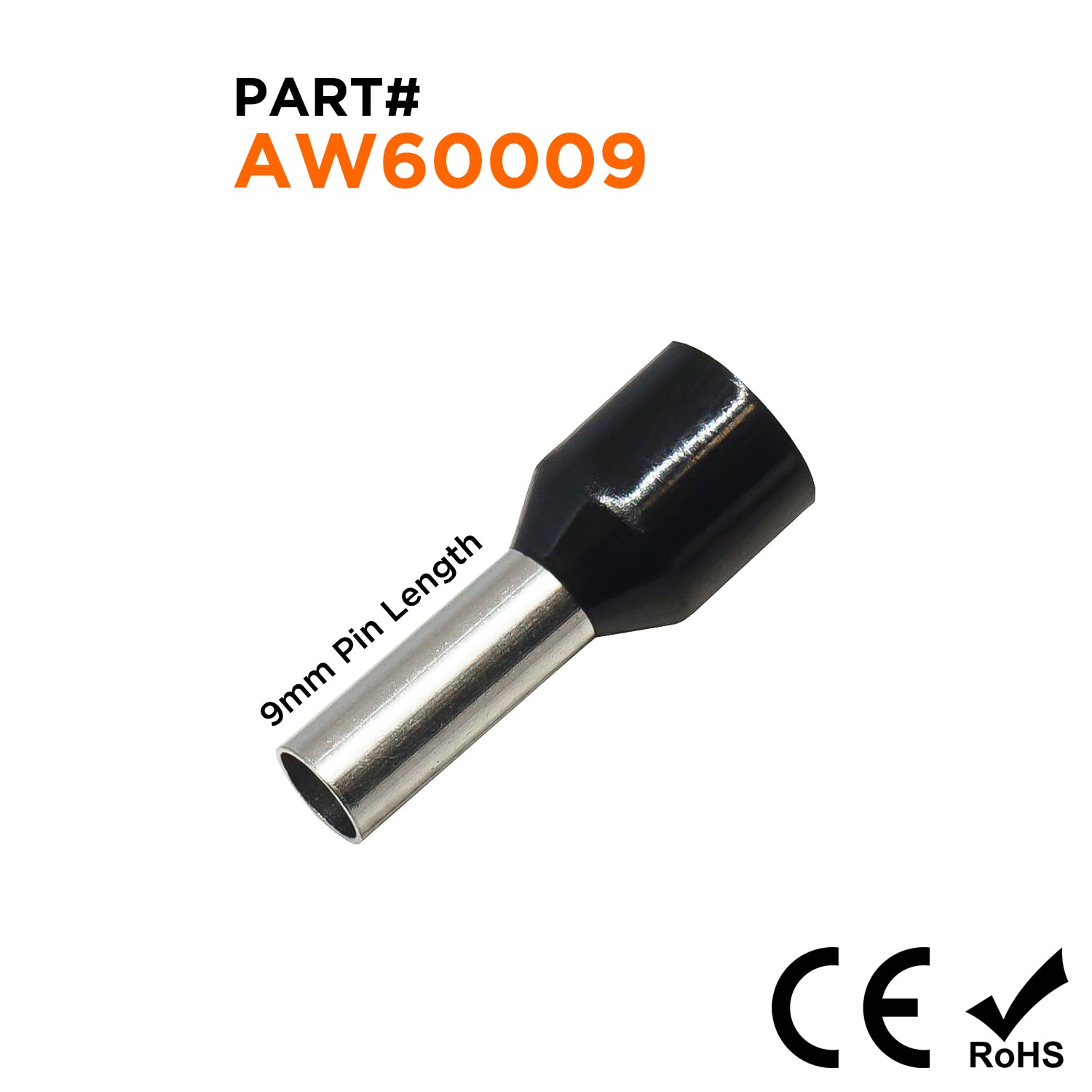 AW60009 - 10 AWG Insulated Wire Ferrules, 9mm Pin, Black, 100 Pieces