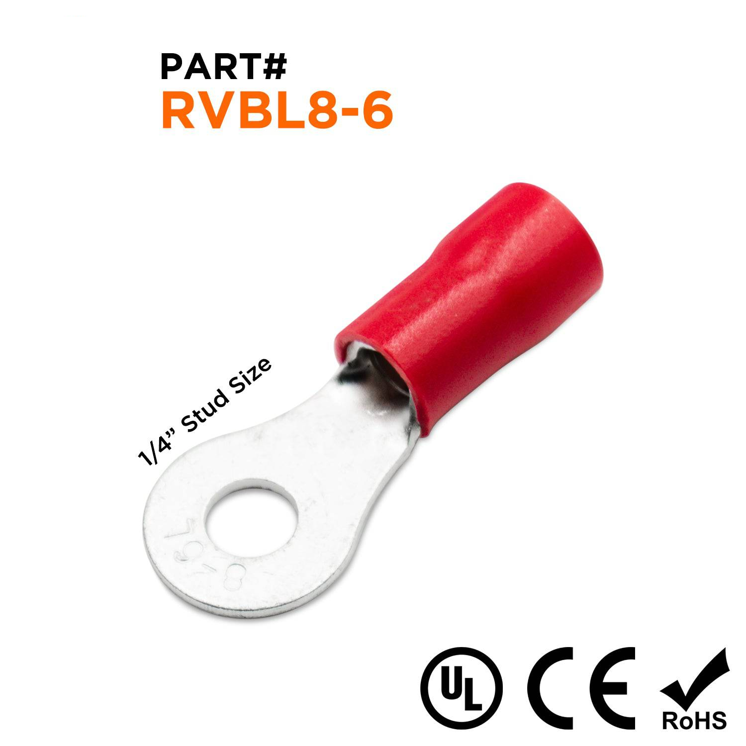 RVBL8-6 - 8 AWG PVC Con aislamiento de vinilo Terminales de anillo, 1/4" Orificio, Rojo, 50 piezas