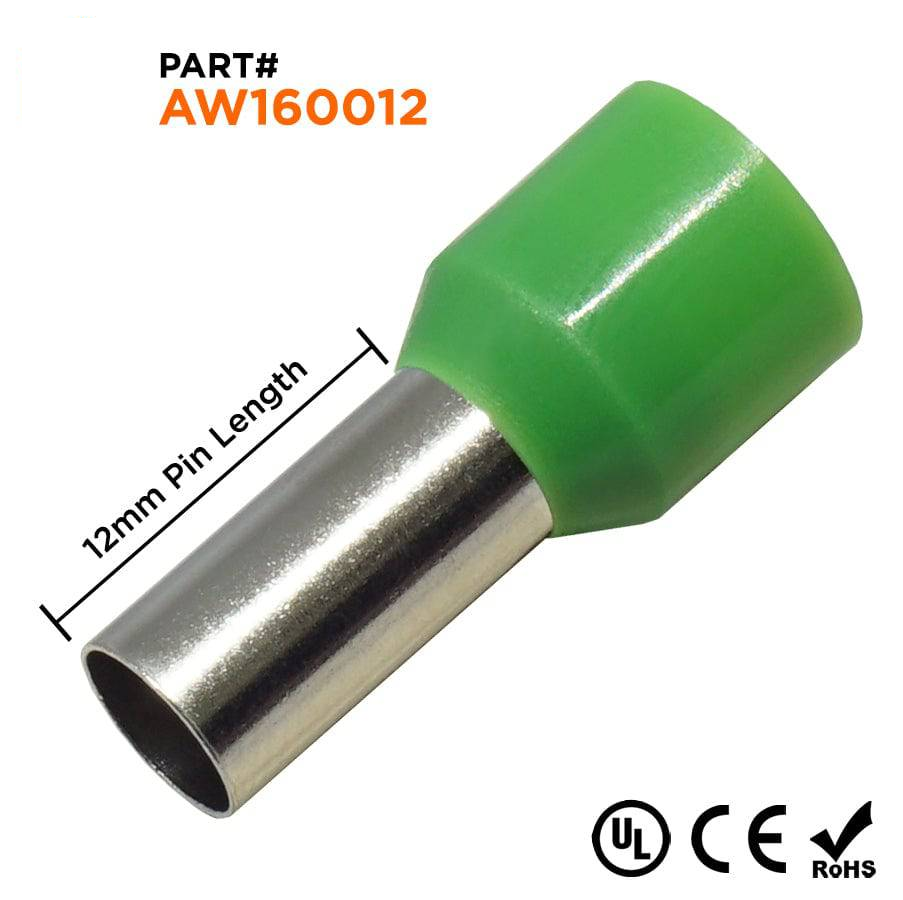 AW160012 - 6 AWG Insulated Punteras, 12mm Pin, Verde, UL Recognized, 100 piezas