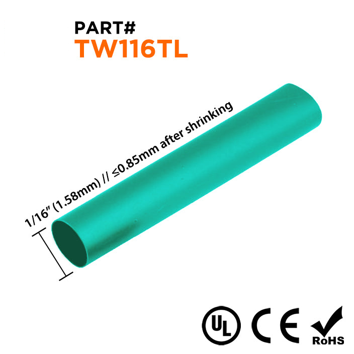 TW116TL - 1/16" De pared fina Tubo termorretráctil, 2:1 Relación de contracción, Teal, Bobina de 500ft