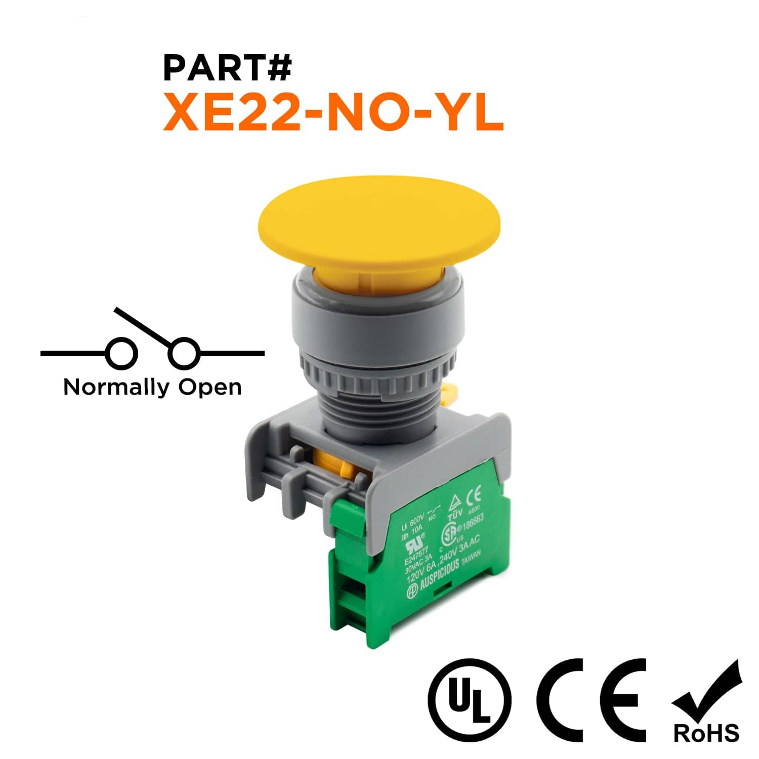 XE22-NO-YL - 40mm Yellow Mushroom Head Push Button, (NO), 1 Piece
