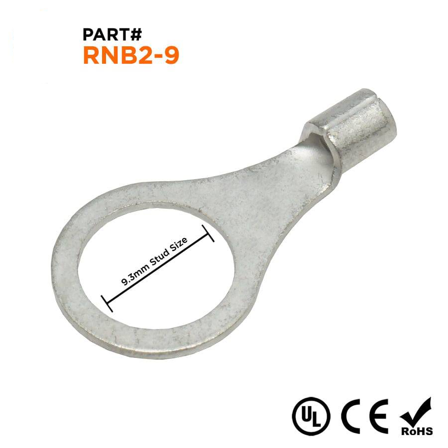 RNB2-9 - 16 to 14 AWG Non Insulated Ring Terminals, 5/16" Stud, UL Recognized, 100 Pieces