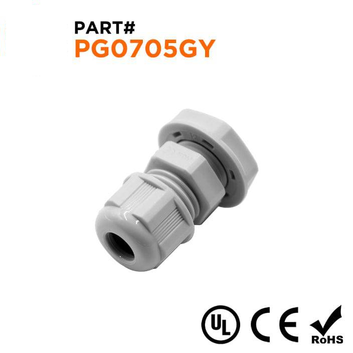 P0705GY - PG7 Thread Nylon Cable Gland, Gray, Range: 1/16" to 3/16", UL Listed, IP68, IP69K - 1 Piece