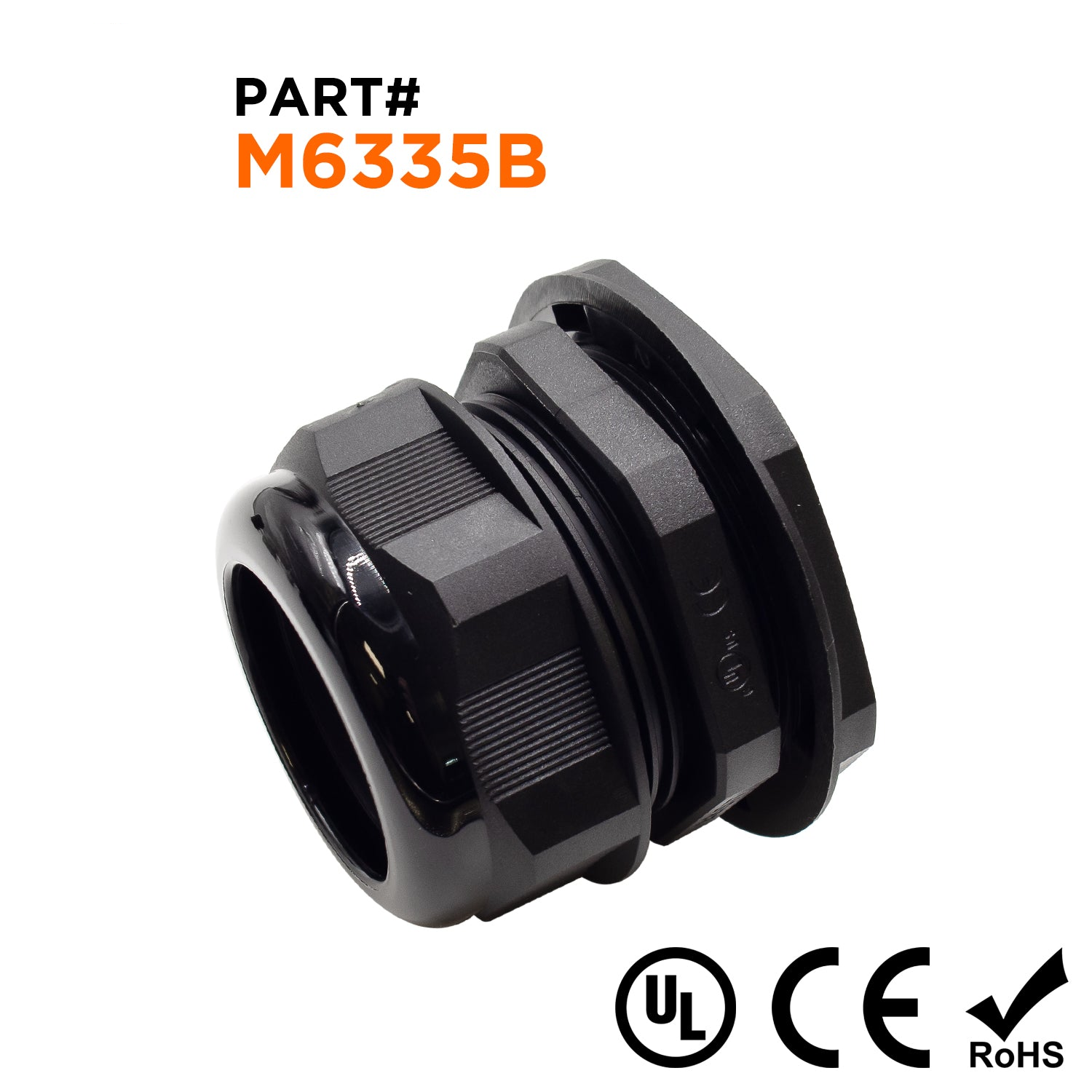 M6335B - M63 x 1.5mm Metric Thread Nylon Cable Gland, Black, Range: 1-1/8" to 1-3/8", UL Recognized, IP68