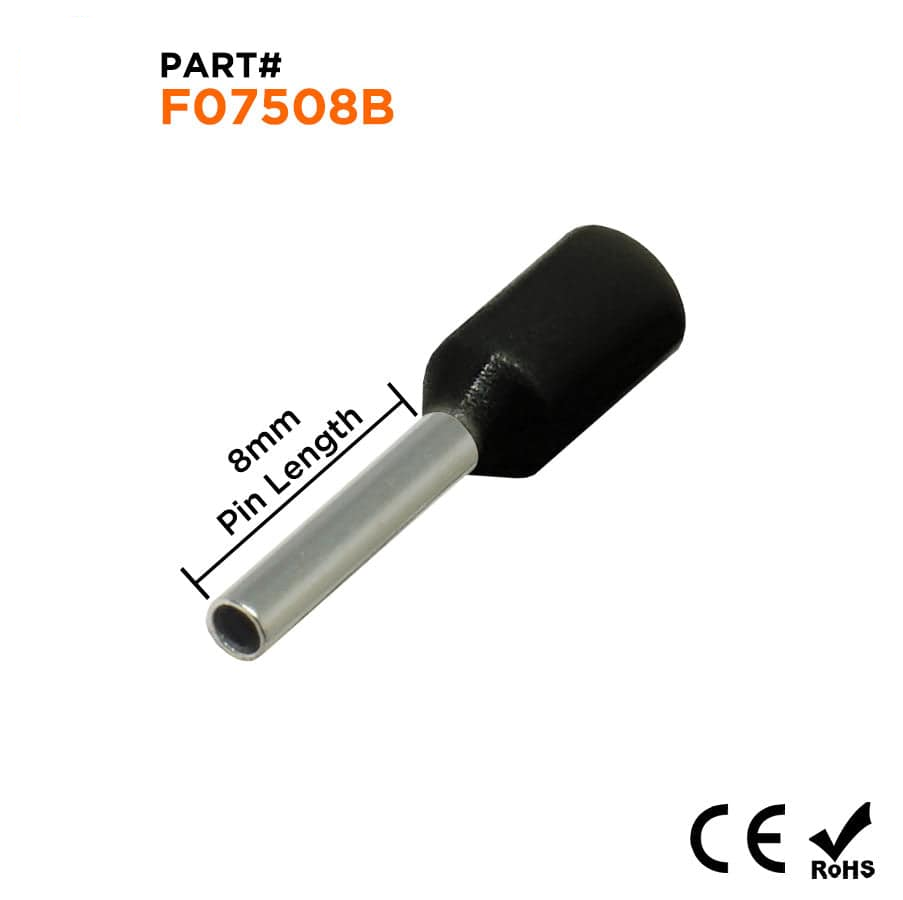 F07508B - 20 AWG Insulated Punteras, 8mm Pin, Negro, 500 piezas