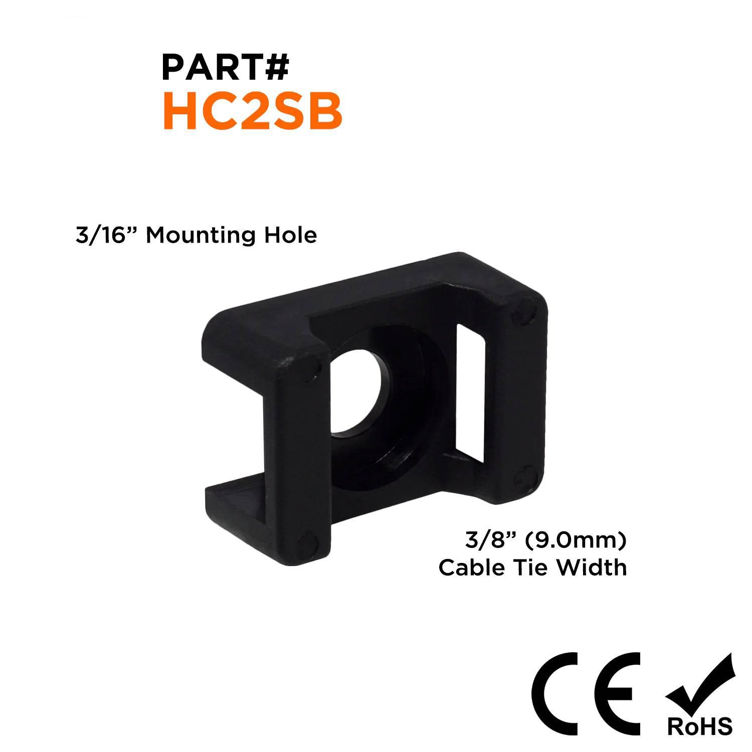 15/16"L x 5/8"W Nylon Saddle Tie Mounts - Tie Width: 3/8", Screw Width: 3/16", Black, 100 Pieces