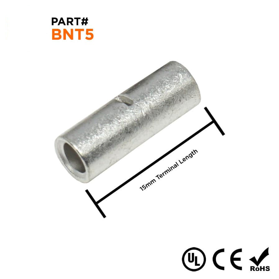 BNT5 - 12-10 AWG Non Insulated Butt Splice Connectors, 9/16" Length, UL Approved, 100 Pieces