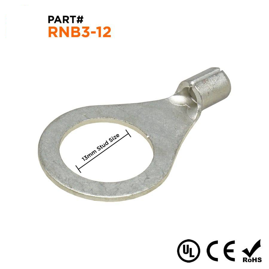 RNB3-12 - 14 to 12 AWG Non Insulated Ring Terminals, 1/2" Stud, 100 Pieces