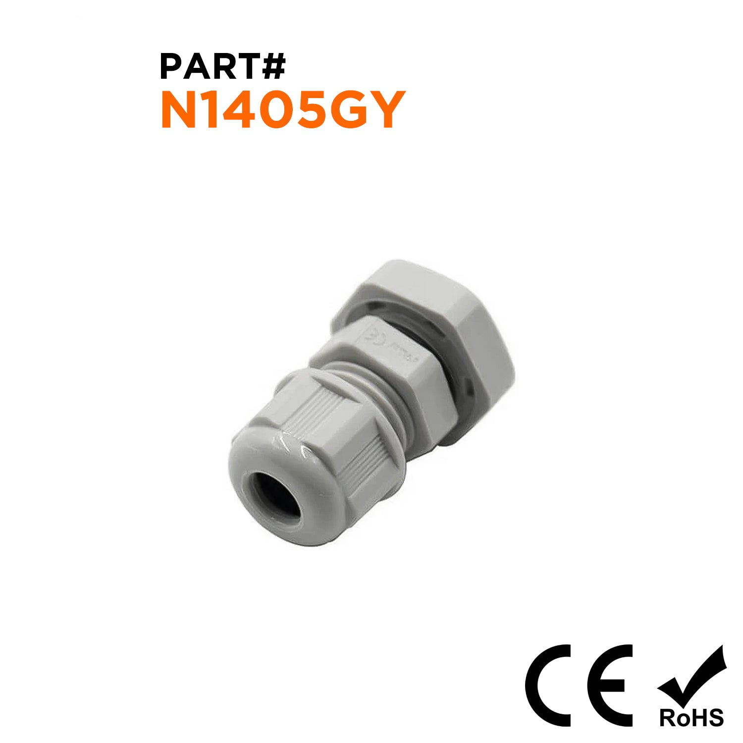 N1405GY - 1/4" NPT Thread Nylon Cable Gland, Gray, Range: 1/16" to 3/16", IP68, IP69K - 1 Piece