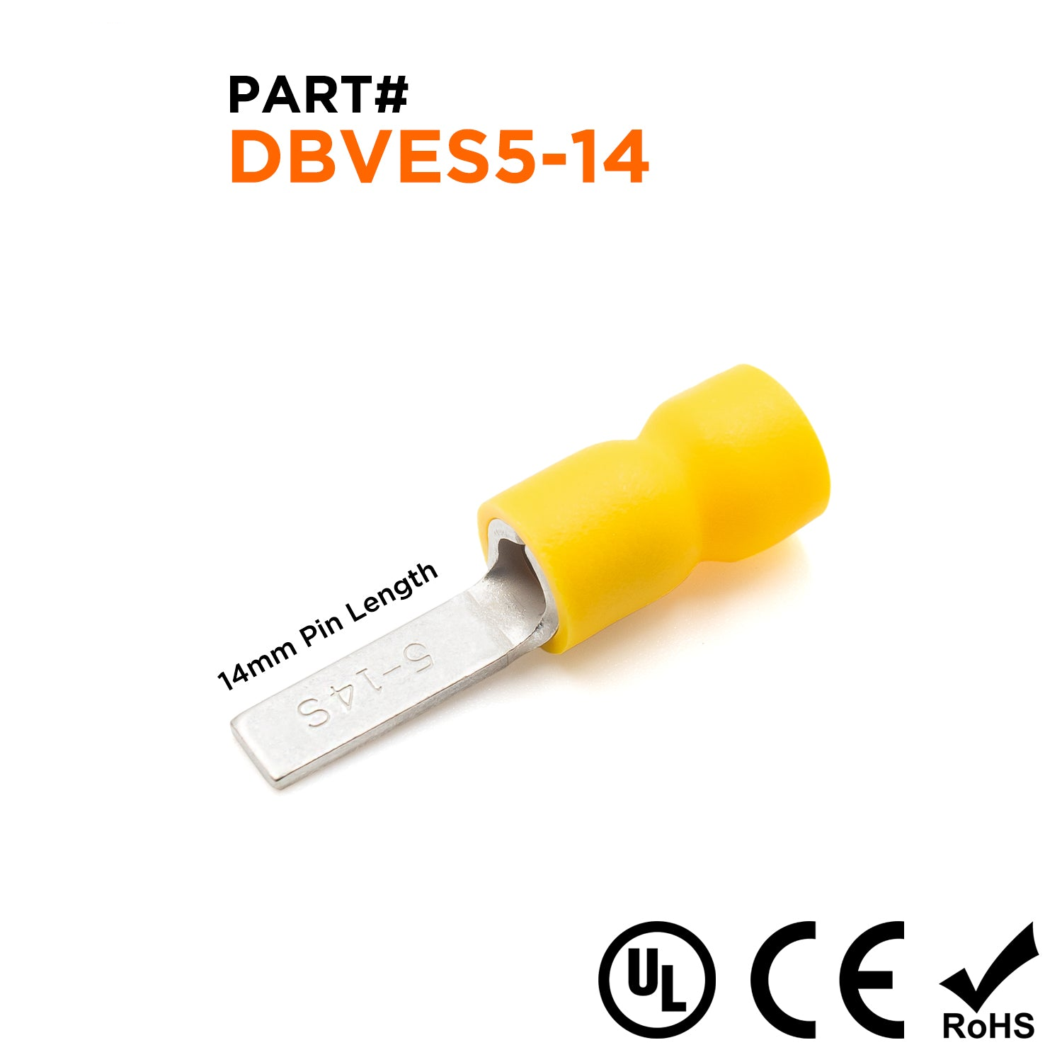 DBVES5-14 - 12 a 10 AWG Vinyl PVC Insulated Flat Blade Terminales, Easy Entry, 14mm Pin, UL Recognized, 100 piezas