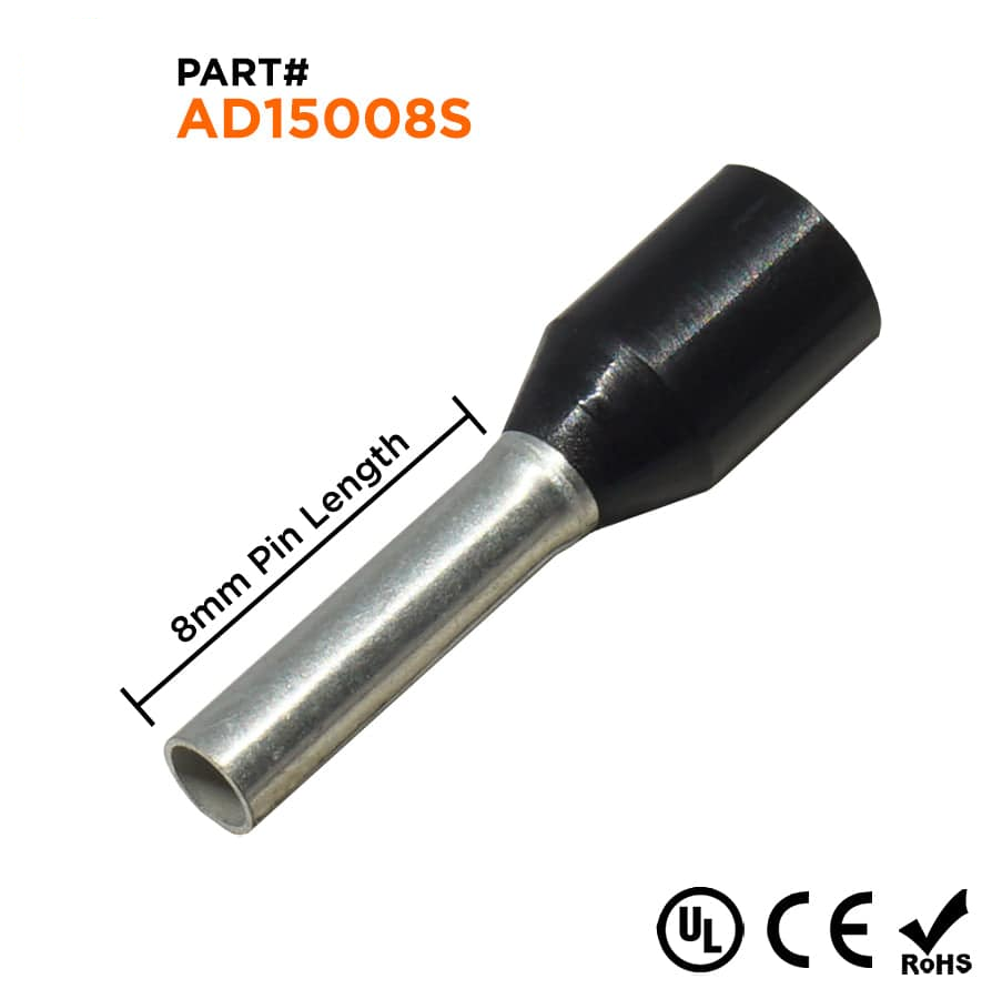Z+F V30AE000048 - 16 AWG Insulated Wire Ferrules, 8mm Pin, Black, Small Collar, 500 Pieces