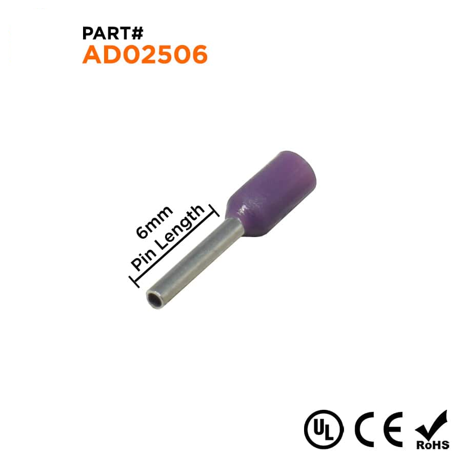 AD02506 - 24 AWG Insulated Wire Ferrules, 6mm Pin, Purple, UL Recognized, 500 Pieces