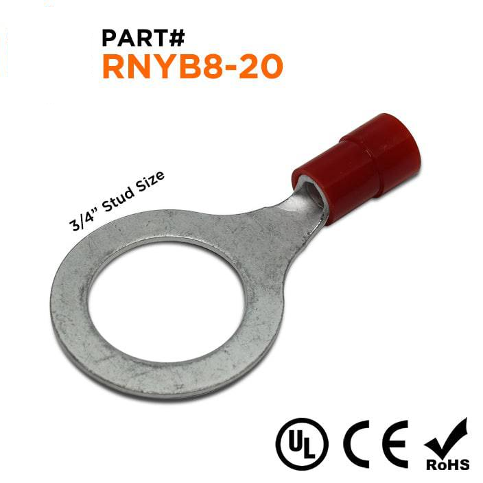 RNYB8-20 - 8 AWG Nylon Insulated Ring Terminals, 3/4" Stud, 10 Pieces