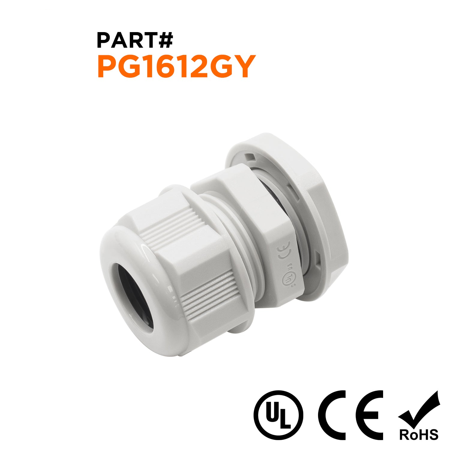 P1612GY - PG16 Rosca De nailon Prensaestopas, Gris, Rango: 1/4" a 1/2", UL Listed, IP68, IP69K - 1 pieza