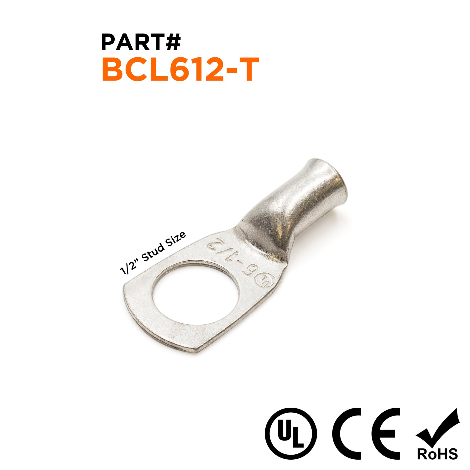 BCL612-T - 6 AWG Battery Cable Lugs, Tin Plated Copper, Terminal Lugs, 1/2" Stud, 1 Piece