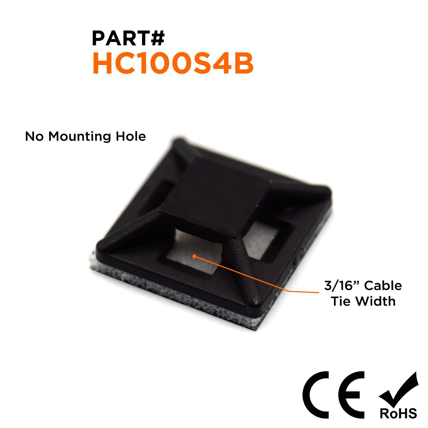 HC100S4B - 1/2"L x 1/2"W Nylon Self-Adhesive Tie Mounts - Cable Tie Width: 3/16", Black, 100 Pieces