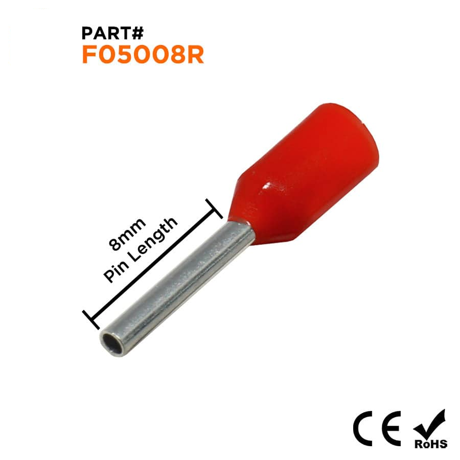 F05008R - 22 AWG Insulated Wire Ferrules, 8mm Pin, Red, 500 Pieces