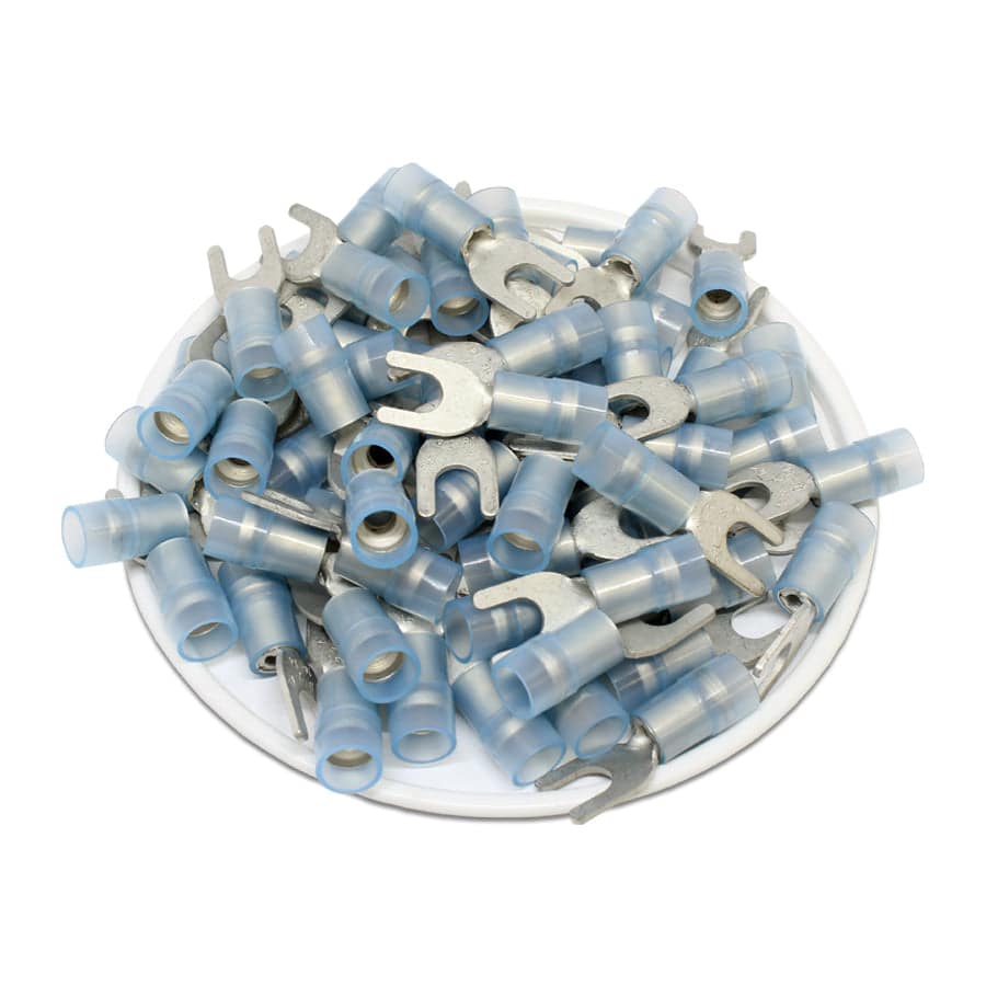 SNYDL2-4 - 16 to 14 AWG Nylon Insulated Spade Terminals, #8 Stud, Double Crimp, UL Recognized, 100 Pieces