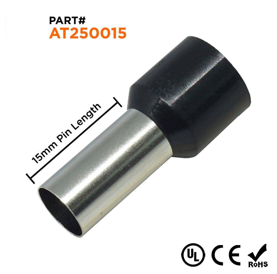 AT250015 - 4 AWG Insulated Punteras, 15mm Pin, Negro, UL Recognized, 100 piezas