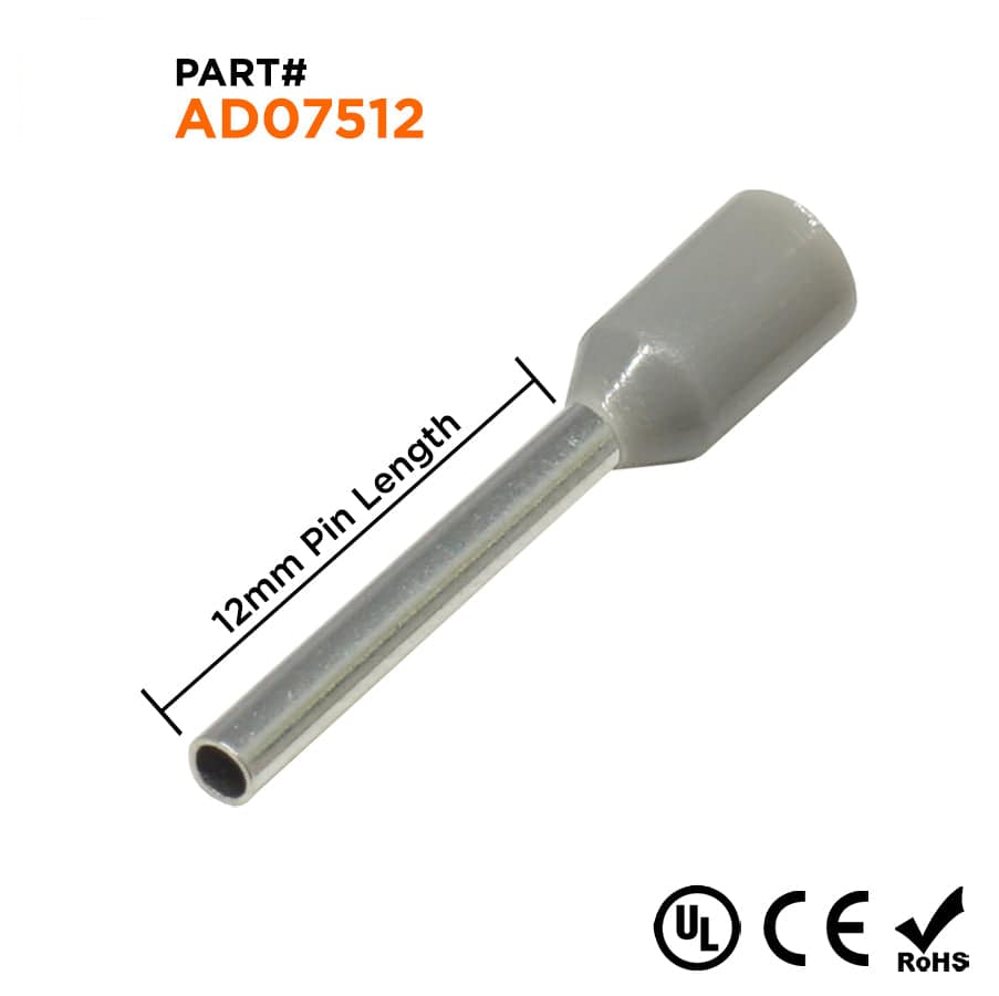 AD07512 - 20 & 18 AWG Insulated Punteras, 12mm Pin, Gris, UL Recognized, 500 piezas
